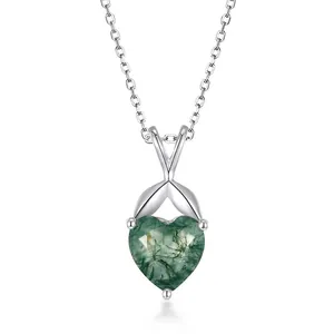 Collier Pendentif Cœur en Agate Mousse en Argent Sterling 925 Pierre Naturelle Verte Bijoux pour Femmes Cadeau