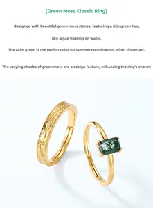 Detail of vintage 925 silver gold-plated ring set featuring green moss agate gemstone