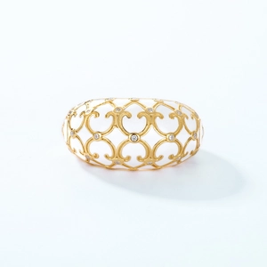Elegant wide S925 silver ring with white enamel, gold filigree and zircon accents