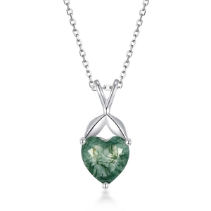 Collier élégant en argent S925 avec pendentif en agate mousse verte en cœur