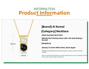 Detail of S925 sterling silver necklace with shell and black agate pendant measurements