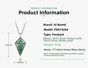 Detailed product card showing kite-shaped green moss agate pendant dimensions and S925 silver