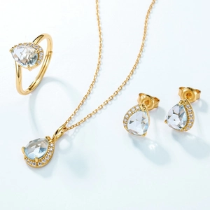 Elegant S925 silver jewelry set with pear-cut blue topaz necklace, ring, and earrings