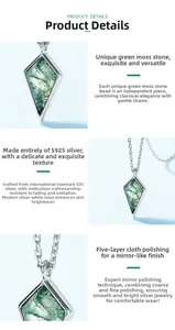 Macro detail of S925 silver necklace with moss agate kite pendant and polished finish