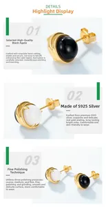 Detail showing S925 sterling silver stamp and polished black onyx inlay on gold earrings