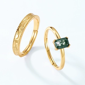 925 silver gold plated moss agate ring set with engraved floral band and open design