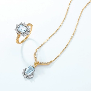 Vintage 925 silver gold plated necklace and ring set with sky blue emerald cut topaz stones