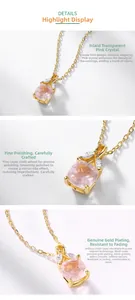 Detail of square rose quartz pendant with marquise zircons and gold-plated silver chain