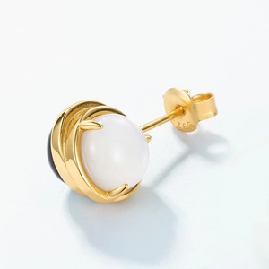 Minimalist gold S925 sterling silver stud earring with a round white opal stone inlay