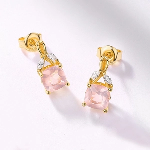 Boucles d'oreilles S925 argent doré avec cristal rose carré et pierres marquise