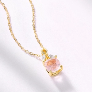 Minimalist S925 silver gold necklace with cushion-cut pink crystal and marquise stones