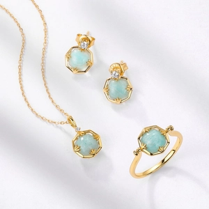Set gioielli in argento S925 con pietre amazzonite esagonali e design minimalista