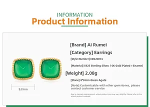 Detailed specs of S925 silver green agate stud earrings with 8x8mm square gemstone