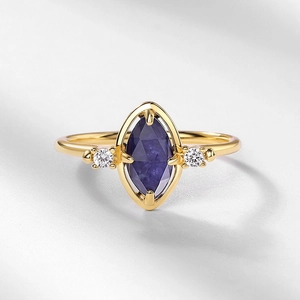 Marquise-cut lapis lazuli and white crystal ring in gold-plated S925 sterling silver