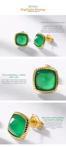 Macro detail of square green agate earrings with S925 silver gold plated studs