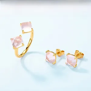 Detail of S925 sterling silver jewelry set with square pink crystal rings and earrings