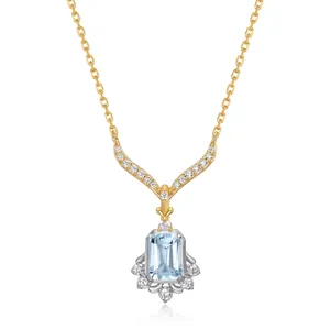 Vintage 925 Sterling Silver Sky Blue Topaz Pendant Necklace For Women 10K Gold Plated Zirconia Inlaid Geometric Jewelry