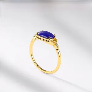 Makroaufnahme von blauem Lapis-Stein mit goldenen Details und seitlichen Diamanten