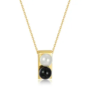 Minimalist 925 Sterling Silver Necklace For Women Rectangular Pendant 10K Gold Plated Black Agate White Shell Artificial Pearl