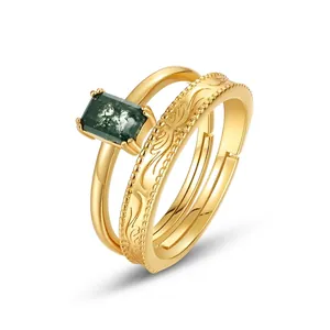 925 Sterling Silver Vintage Carved Open Adjustable Ring Set With Rectangular Green Moss Agate 10K Gold Plated Retro Fashion Women Jewelry