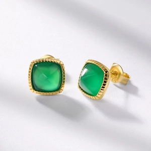Detail shot of square green agate stud earrings with gold frame and S925 silver hallmark