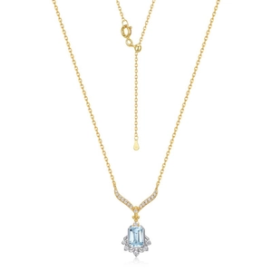 Vintage 925 silver gold-plated necklace with sky blue topaz pendant and micro-set diamonds