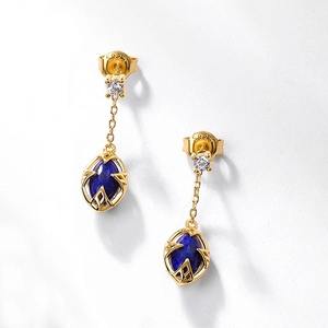 Elegant S925 silver gold-plated drop earrings with lapis lazuli and white crystal