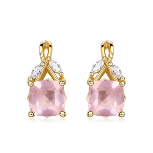 Boucles d'Oreilles Clous en Argent Sterling S925 Avec Cristal Rose pour Femmes Bijoux de Mode Plaqués Or avec Zircone et Quartz Rose Géométrique Rétro