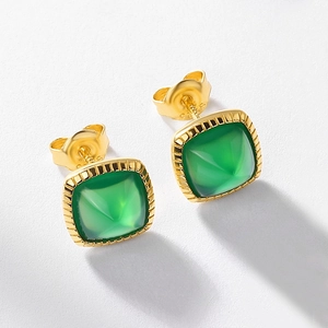 S925 silver gold-plated geometric green agate stud earrings with pyramid cut stone