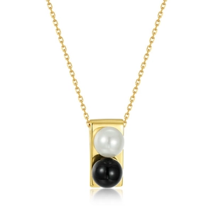 Minimalist S925 silver gold necklace with rectangle pendant, white pearl and black onyx bead