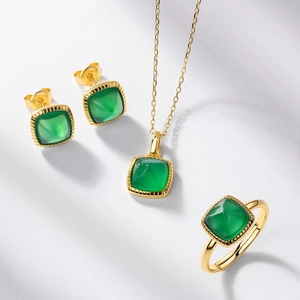 Elegant gold S925 silver jewelry set with square green agate necklace ring and earrings