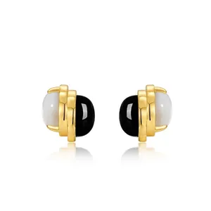925 Sterling Silver Black Agate White Shell Stud Earrings 10K Gold Plated Minimalist Geometric Round Earrings Women Fashion Jewelry
