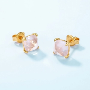 Elegant S925 sterling silver square pink crystal stud earrings with gold plating