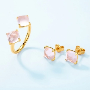 S925 silver gold-plated jewelry set with sugarloaf pink quartz ring and stud earrings