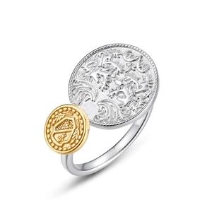 Vintage S925 sterling silver coin ring with lion and bee motifs in two-tone gold finish