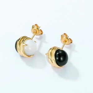 Asymmetric S925 silver gold-plated stud earrings with black and white gemstones