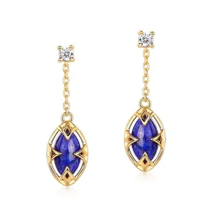 925 Sterling Silver Gold Plated Lapis Lazuli White Crystal Long Dangle Earrings Vintage Geometric Marquise Drop Earrings Women Jewelry