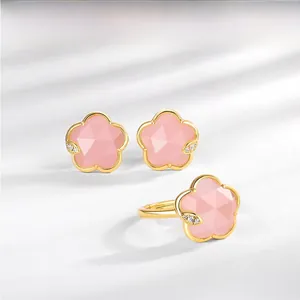 Detailed set of pink floral earrings and ring featuring golden plating and micro-pave crystals