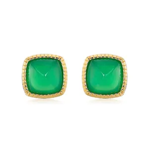 Vintage 925 Sterling Silver Green Agate Sugar Tower Stud Earrings Gold Plated Geometric Square Gemstone Earrings For Women