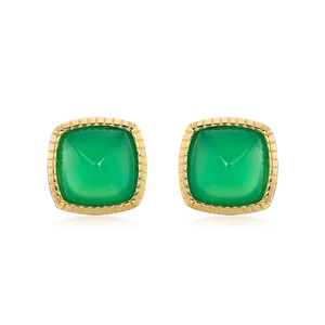 S925 silver green agate sugarloaf earrings with golden ribbed frame on white background