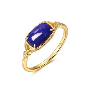 Vintage 925 Sterlingsilber Ring Für Damen Natur Lapislazuli Edelstein Rechteck Gold Plattiert Hohl Fingerring Schmuck