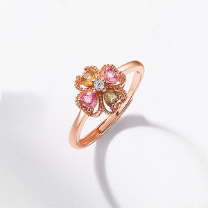 S925 silver rose gold clover ring with pink and yellow heart-shaped tourmaline gems