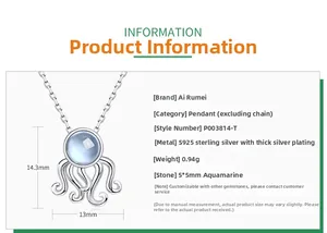 Détails du pendentif poulpe en argent S925 avec une pierre aigue-marine de 5mm