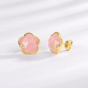 Elegant 925 silver flower stud earrings with pink crystal and golden finish plating