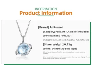 S925 sterling silver planet pendant detail with 8mm sky blue topaz and platinum plating