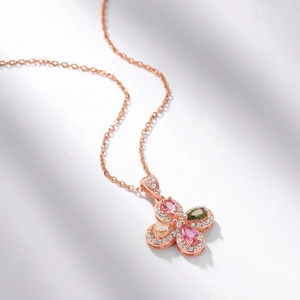 Elegant S925 silver four-leaf clover necklace with colorful tourmaline and rose gold finish