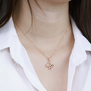 S925 sterling silver four-leaf clover necklace with pink and green tourmaline stones