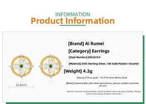 Detailed spec sheet showing S925 silver clover earrings with jadeite and white shell