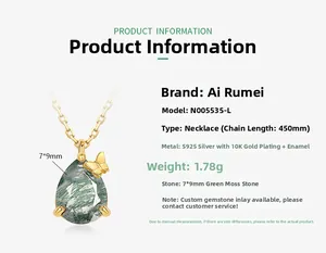 Detailed specs of teardrop moss agate butterfly necklace in S925 gold plated silver