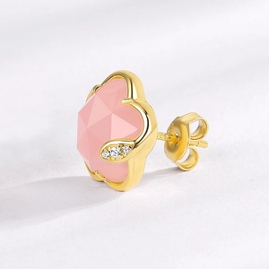 Exquisite 925 silver pink flower stud earring with crystal stone and gold finish